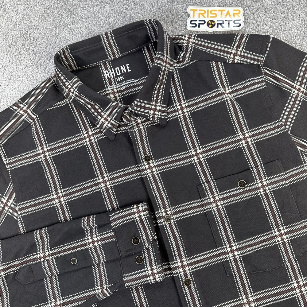 Rhone Hardy Flannel Shirt Mens Large Dark Espresso Windowpane Plaid Stretch Soft